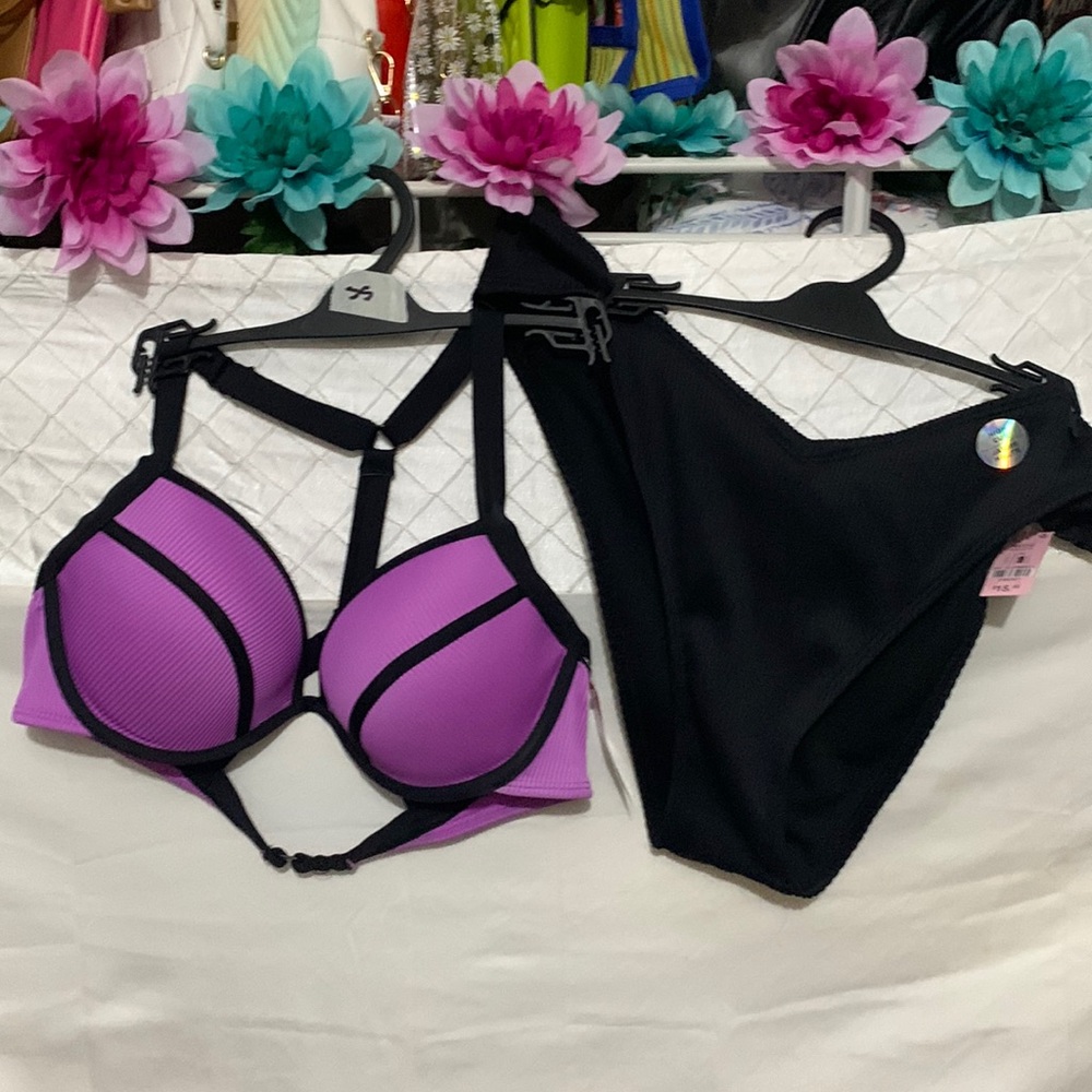 Purple/black swim suit.. TOP: IS LARGE CAN BE ADJUSTED ON BACK AND SHOULDER